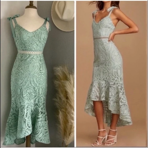 ❤️ Lulus Won Your Heart Sage Green Lace Tie-Strap High-Low Midi Dress - Picture 1 of 8